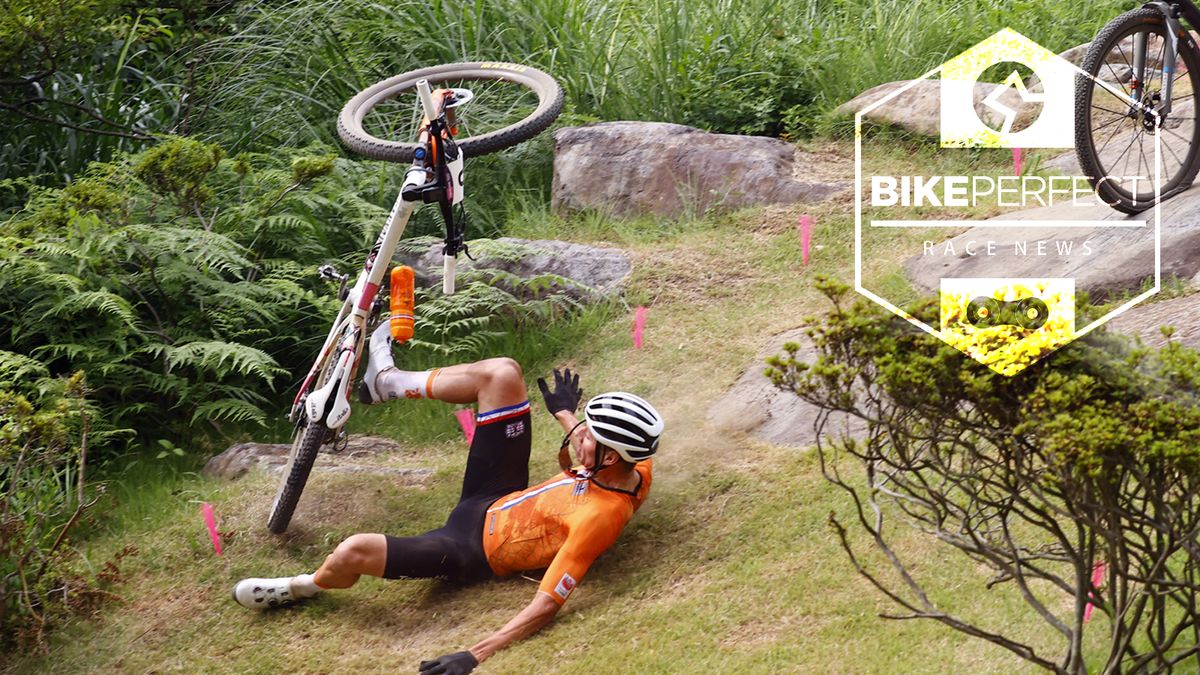 Mathieu van der Poel crashes on the opening lap of the mountain bike race