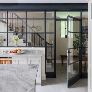Kitchen with Crittall-style division onto hallway