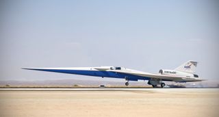 An illustration of the X-59 supersonic plane landing on a runway. 