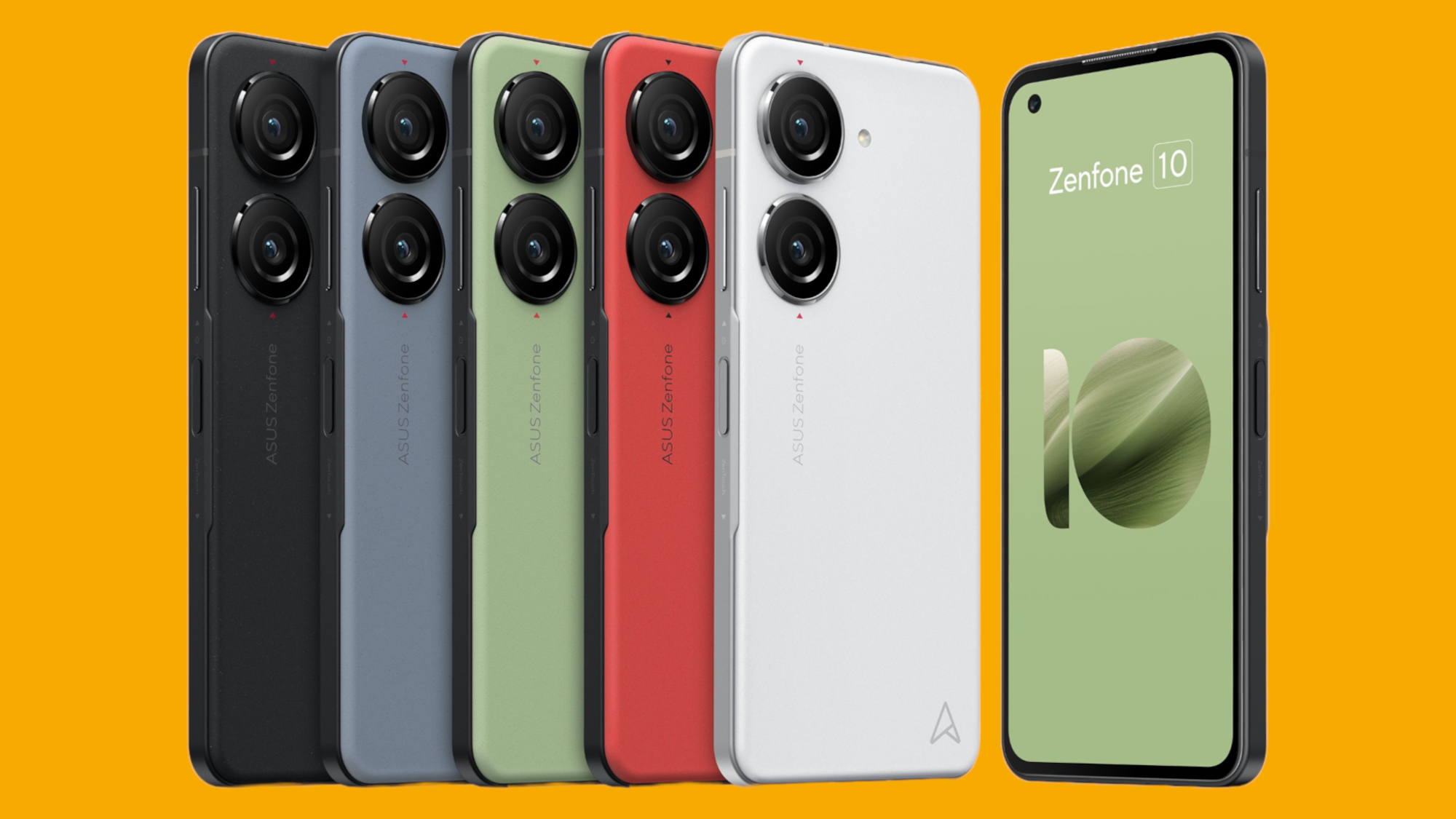 Asus Zenfone 10 Modelle aufgereiht auf gelbem Hintergrund