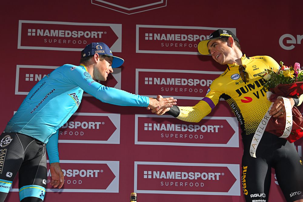 Jakob Fuglsang and Wout Van Aert on the 2019 Strade Bianche podium