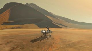 An artist's depiction of the Dragonfly spacecraft on the surface of Titan.