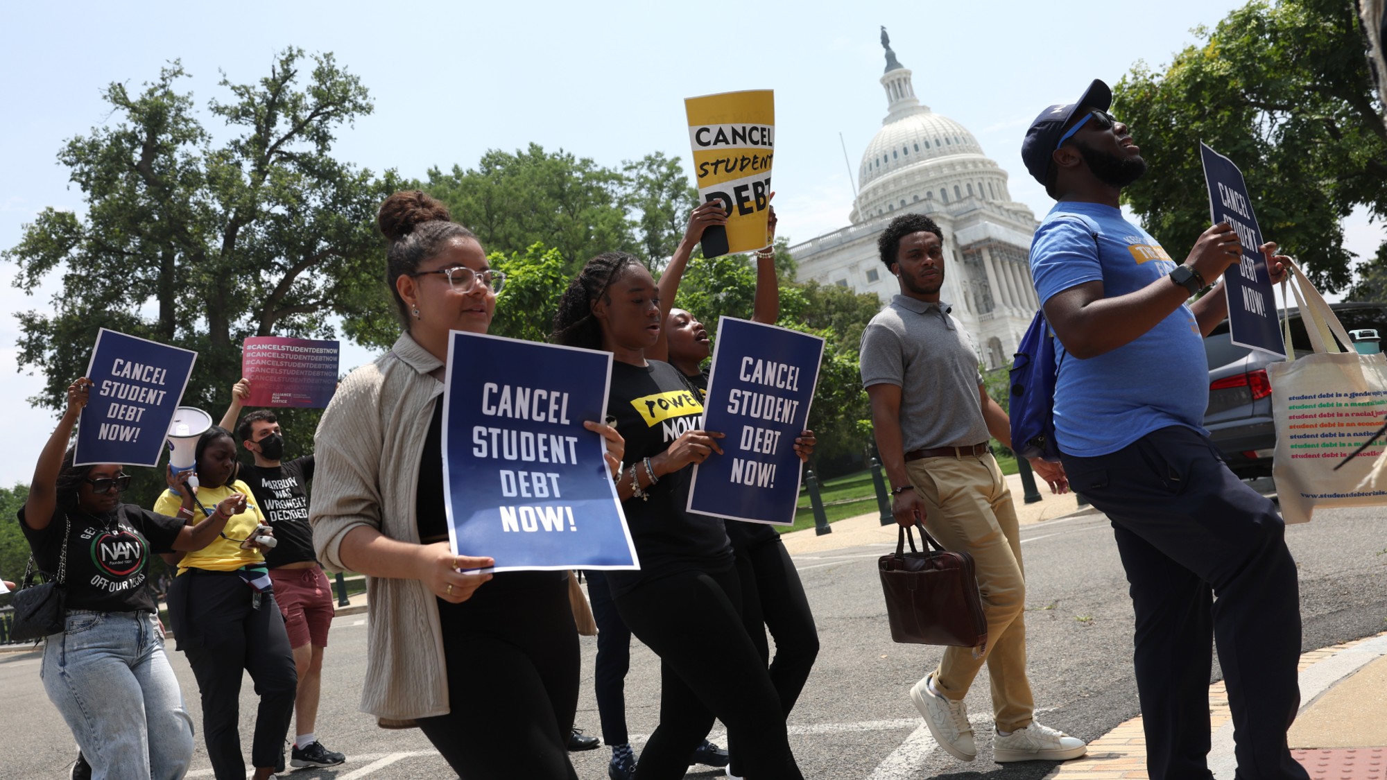 Protesters march for student loan forgiveness in Washington, D.C., in 2023.