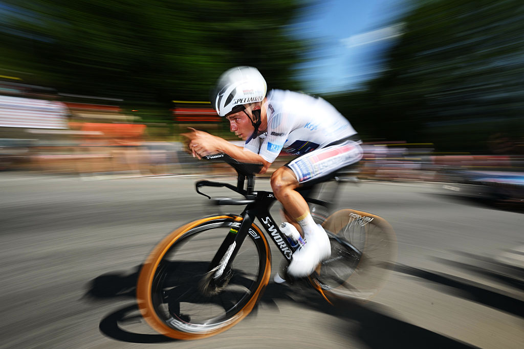 PEYRAGUDES, FRANCE - JULY 18: Remco Evenepoel of Belgium and Team Soudal Quick-Step - White best Young Rider Jersey competes during the 112th Tour de France 2025, Stage 13 a 10.9km individual time trial stage from Loudenvielle to Peyragudes 1561m / #UCIWT / on July 18, 2025 in Peyragudes, France. (Photo by Dario Belingheri/Getty Images)