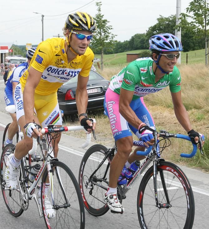 Boonen in yellow with points jersey holder and notable sprinter Daniele Bennati in 2006