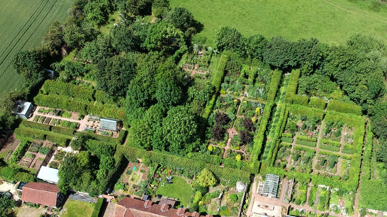 Aerial view of Monty Don&#039;s garden, Longmeadow