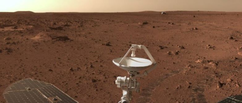 China&#039;s Zhurong Mars rover captured this panorama of the Red Planet. Visible in the foreground are the rover&#039;s solar panels and communications equipment.