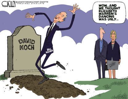 Political Cartoon Bill Maher Dancing On Grave David Koch