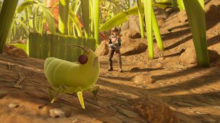 Grounded 2 food hunger: An aphid in the foreground while a character wearing armour and holding a club watches them in the distance.