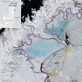 Landsat satellite images show the shrinking Larsen Ice Shelf in Antarctica.