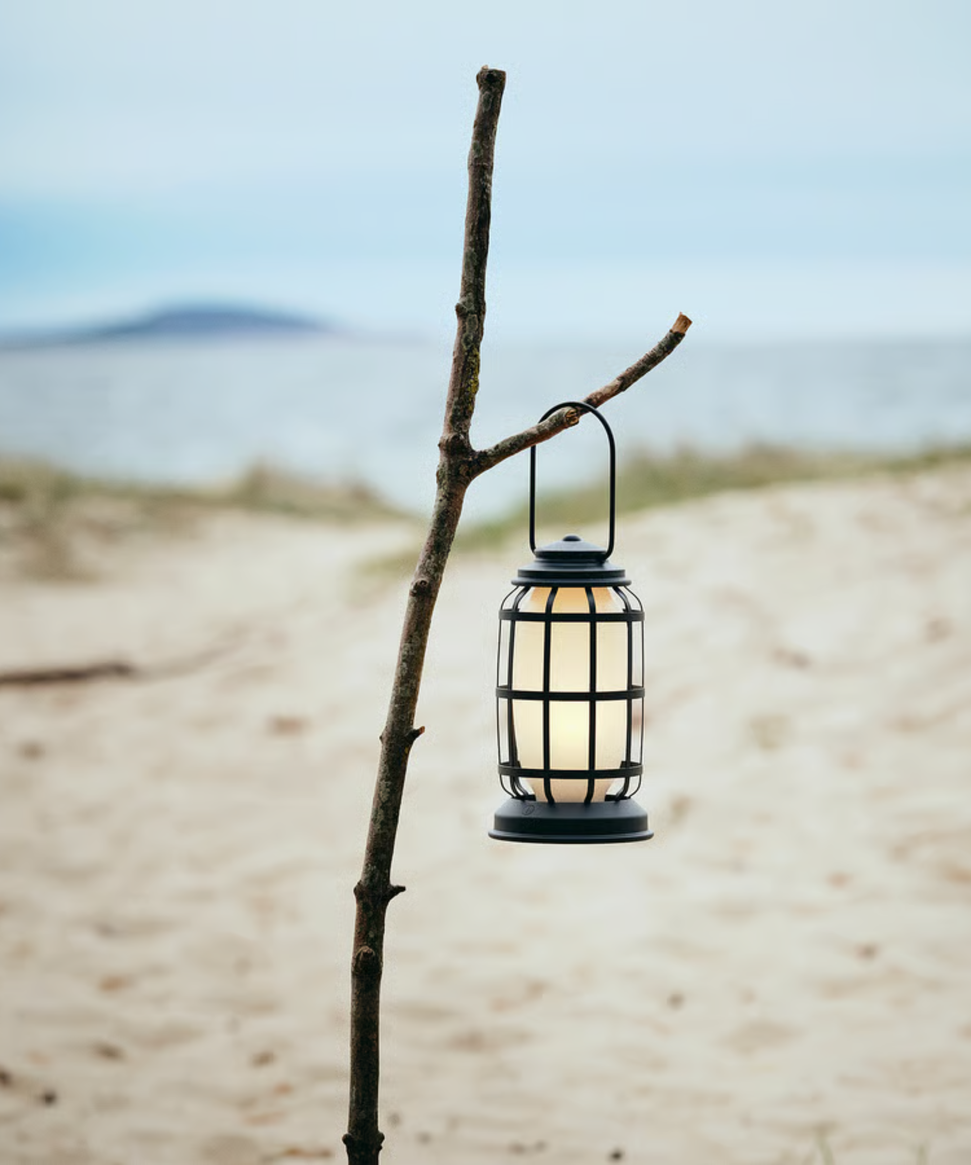 a lantern hanging from a stick on a beach