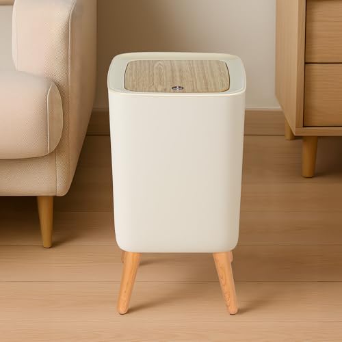 10l/2.6 Gallon Rubbish Bin With Press-Top Lid, Modern Bedroom Waste Bin With Raised Wood-Style Legs, Slim Kitchen, Bathroom &amp;amp; Living Room Bin, Odour-Sealing Dog-Proof Dustbin, Square Small Bin (white)