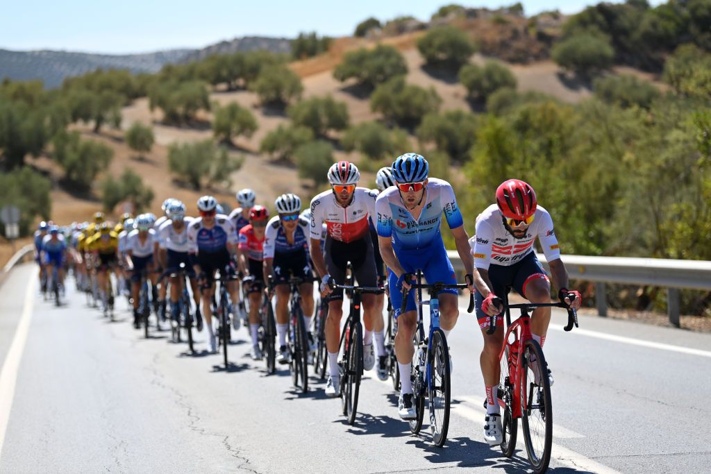 MONTILLA SPAIN SEPTEMBER 02 Julien Bernard of France and Team Trek Segafredo Thomas Champion of France and Team Cofidis and Luke Durbridge of Australia and Team BikeExchange Jayco lead the peloton during the 77th Tour of Spain 2022 Stage 13 a 1684km stage from Ronda to Montilla 315m LaVuelta22 WorldTour on September 02 2022 in Montilla Spain Photo by Justin SetterfieldGetty Images