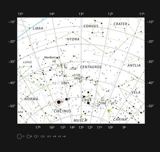 This chart shows most of the stars visible with the unaided eye on a clear night. The star Alpha Centauri is one of the brightest stars in the southern sky (marked with a red circle). It lies just 4.3 light-years from the Earth and one component in a triple star system. Image released Oct. 17. 2012.