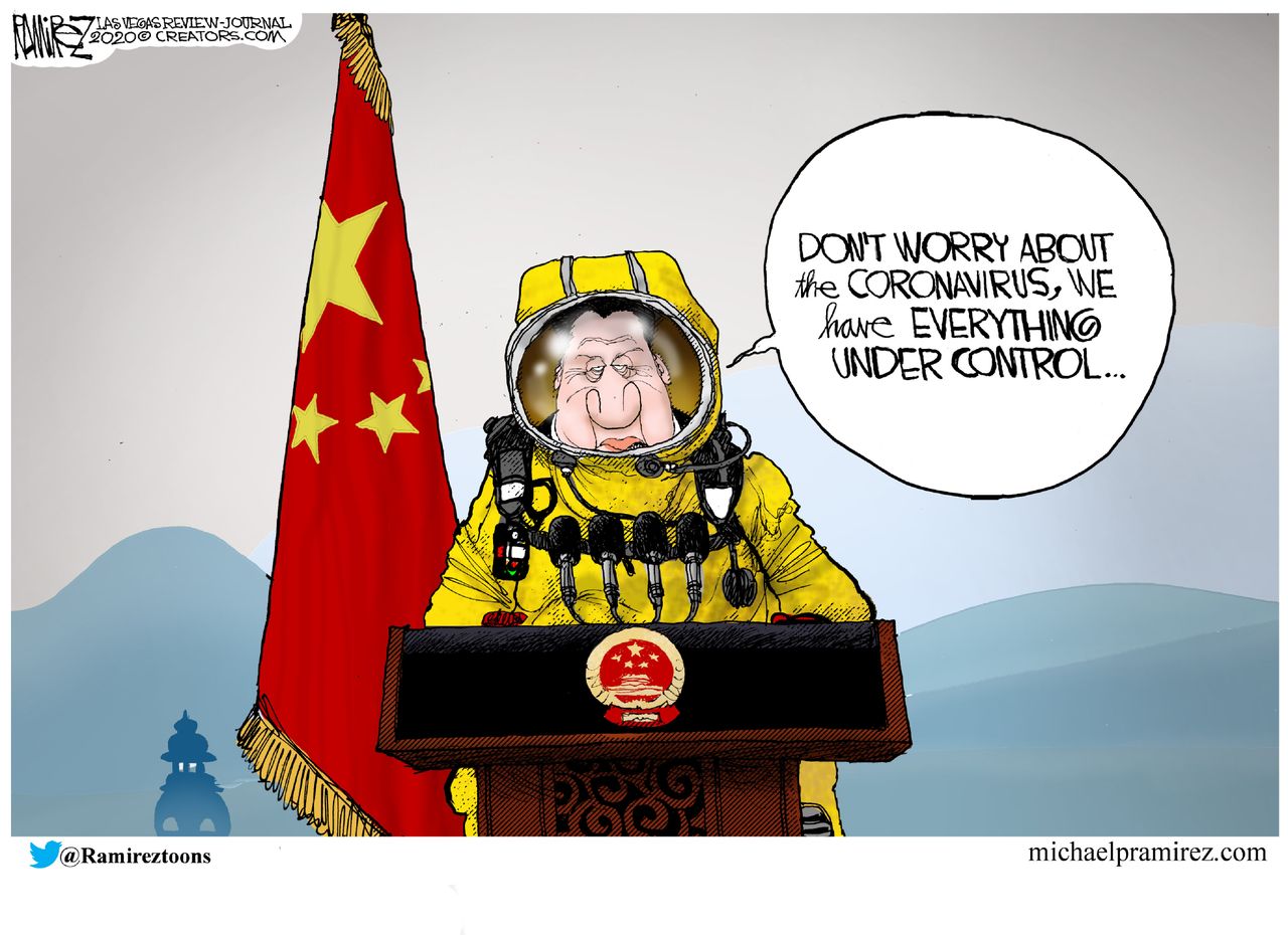 Editorial Cartoon World China Peoples Republic coronavirus hazmat suit quarantine