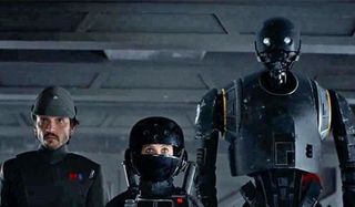 CaCassian, Jyn Erso and K-2SO in Rogue One: A Star Wars Story