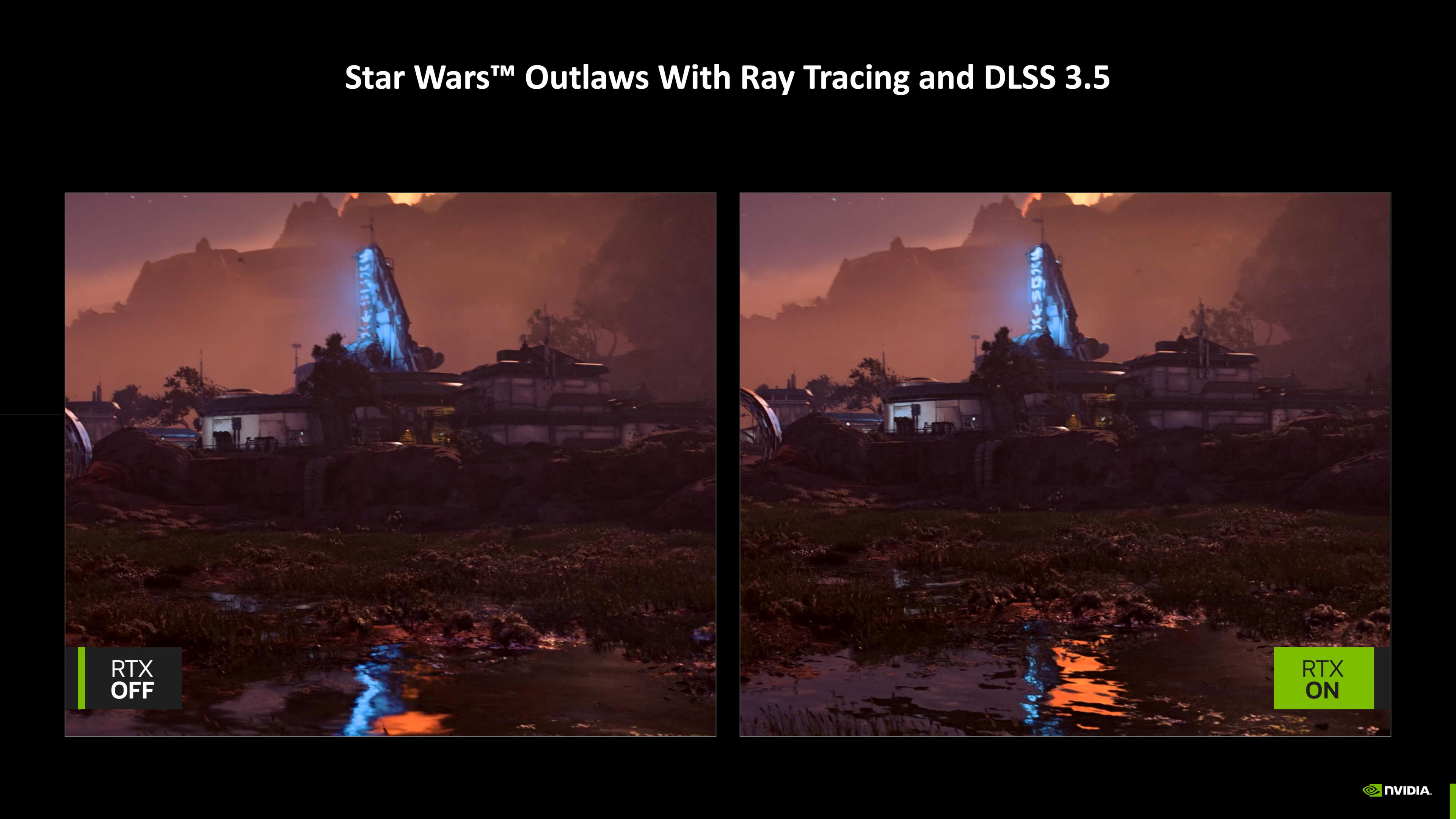 A promotional image showing two screenshots from Star Wars Outlaws, showcasing the use of Nvidia RTX technology