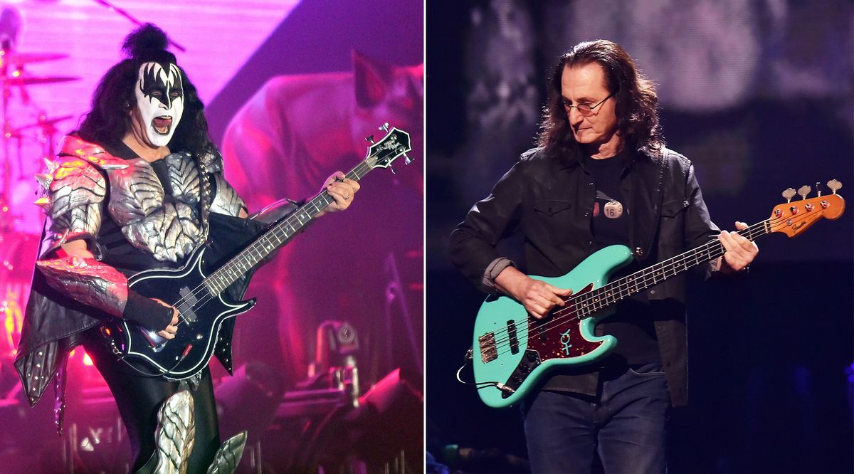 Gene Simmons (left) and Geddy Lee perform onstage