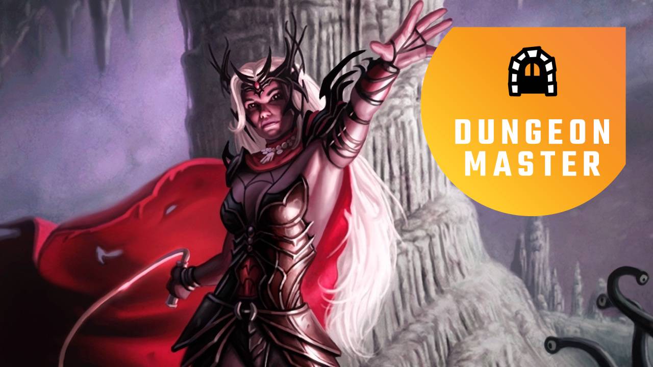 Neverwinter Nights key art of Valsharess pointing towards Dungeon Master column logo