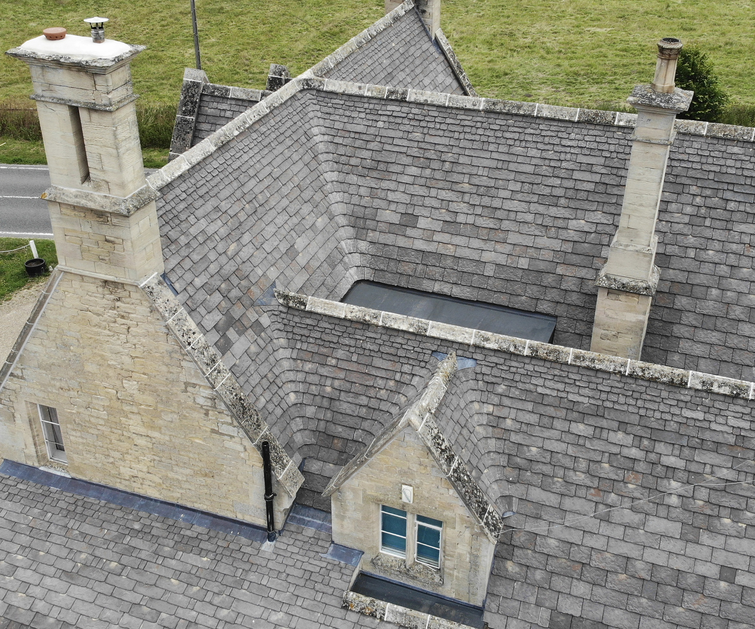 Arial view of a roof using reproduction slate