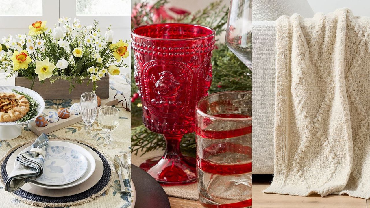 A triptych: blue and white dinnerware on a table; close up on red glassware; a white blanket over the arm of a chair. 