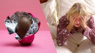 A chocolate Easter egg in pink tin foil next to image of blonde woman in purple star patterned pyjamas struggling to sleep in bed with white sheets