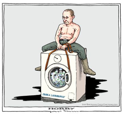 Political Cartoon World Putin Russia Troika money laundering