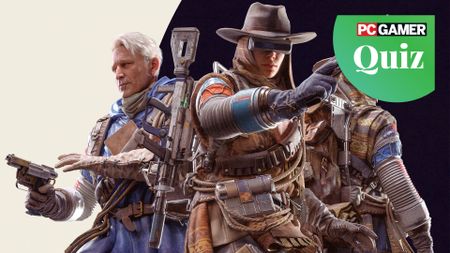 PC Gamer's quiz image template with a roundel in the top right, layered over Arc Raiders key art with three figures standing posed with weapons at the ready.