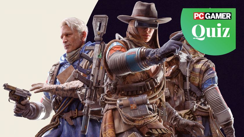 PC Gamer's quiz image template with a roundel in the top right, layered over Arc Raiders key art with three figures standing posed with weapons at the ready.