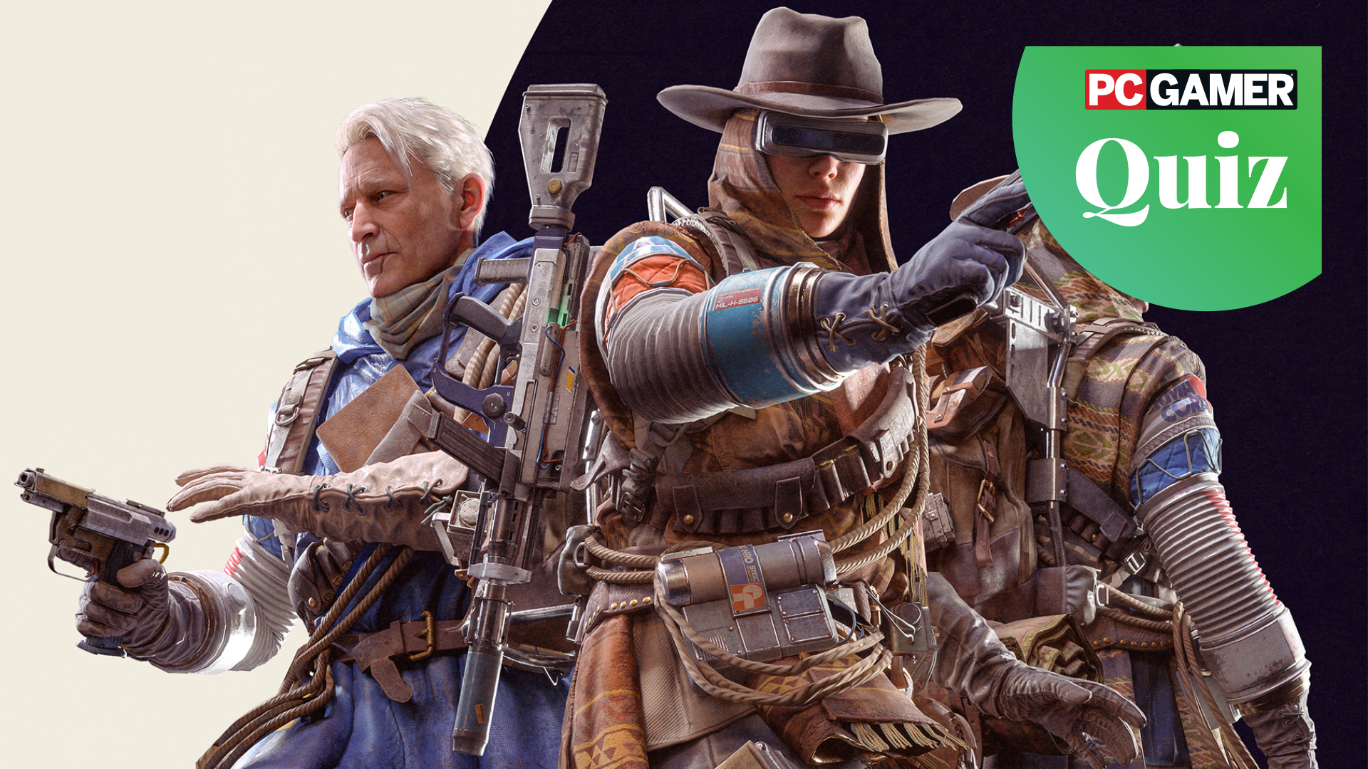 PC Gamer's quiz image template with a roundel in the top right, layered over Arc Raiders key art with three figures standing posed with weapons at the ready.