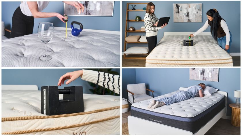 A collage of photos depicting the various stages of our hybrid mattress testing and reviewing process in order to find the best options for people to buy in 2025 