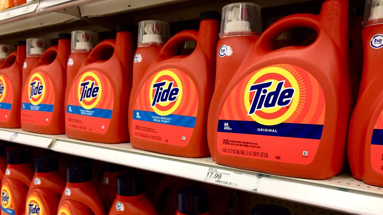 Tide bottles of detergent on a shelf in a store