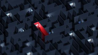 Graphic showing one office cubicle highlighted in red in a sea of grey cubicles