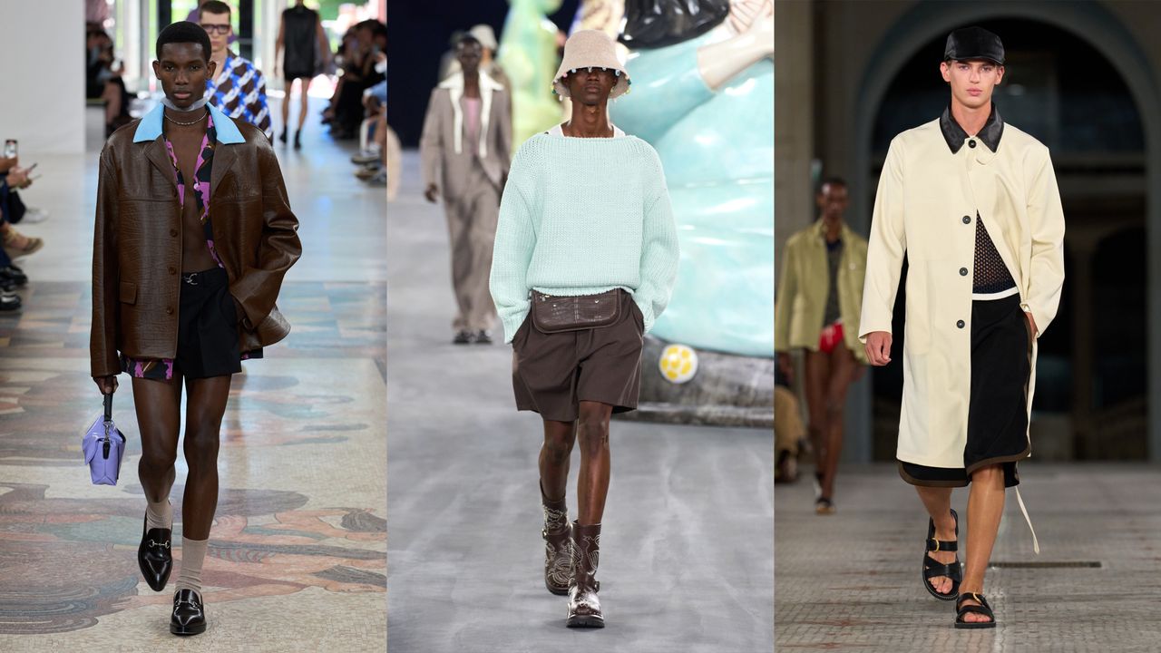 A collage of runway images from the men&#039;s spring summer 2025 shows, including Gucci, Dior, and Wales Bonner.