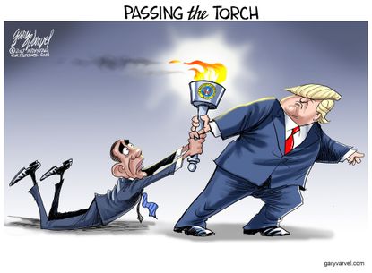 Political cartoon U.S Donald Trump Vladimir Barack Obama transition