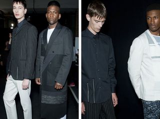 Two guys on left and two guys on right all wearing Casely-Hayford S/S 2015 collection. The dark, dense-looking textiles and the banker stripes are evident in this collection.