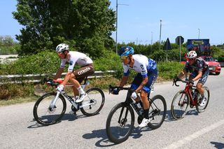 JESI ITALY MAY 17 Lawrence Naesen of Belgium and AG2R Citroen Team Alessandro De Marchi of Italy and Team Israel Premier Tech and Mattia Bais of Italy and Team Drone Hopper Androni Giocattoli Sidermec compete in the breakaway during the 105th Giro dItalia 2022 Stage 10 a 196km stage from Pescara to Jesi 95m Giro WorldTour on May 17 2022 in Jesi Italy Photo by Tim de WaeleGetty Images