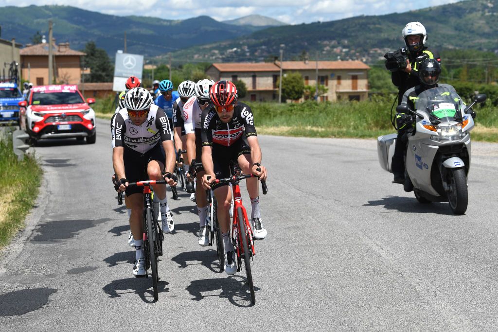 MONTALCINO ITALY MAY 19 Bertjan Lindeman of Netherlands and Team Qhubeka Assos Harm Vanhoucke of Belgium and Team Lotto Soudal in breakaway during the 104th Giro dItalia 2021 Stage 12 a 162km stage from Perugia to Montalcino 554m girodiitalia UCIworldtour Giro on May 19 2021 in Montalcino Italy Photo by Tim de WaeleGetty Images