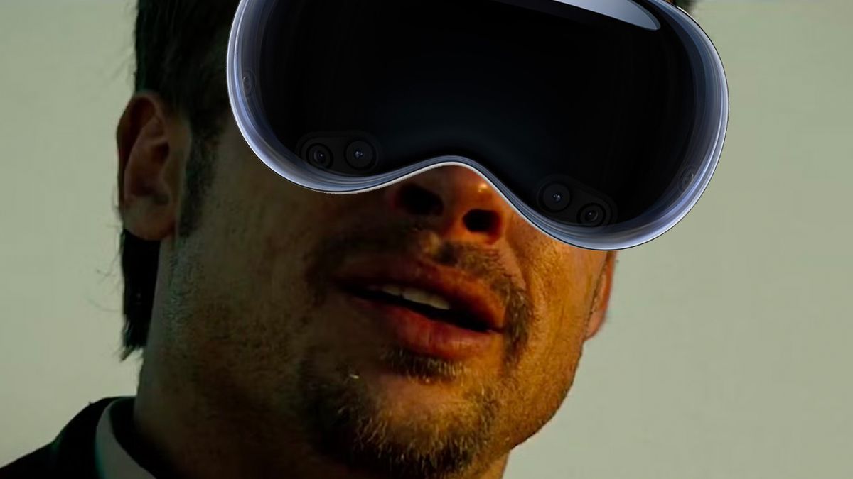 Brad Pitt in the movie Se7en, with Apple&#039;s Vision Pro headset superimposed over his face