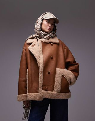 Topshop Oversized Car Coat in Tan