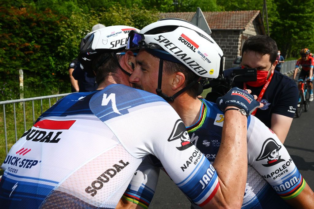 LA CHAISEDIEU FRANCE JUNE 05 LR Rmi Cavagna of France and stage winner Julian Alaphilippe of France and Team Soudal Quick Step react after the 75th Criterium du Dauphine 2023 Stage 2 a 1673km stage from BrassaclesMines to La ChaiseDieu 1080m UCIWT on June 05 2023 in La ChaiseDieu France Photo by Dario BelingheriGetty Images