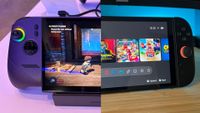 A split-image showing an MSI Claw 8 EX AI+ handheld gaming console displaying a game character and a Nintendo Switch home screen with various game icons.