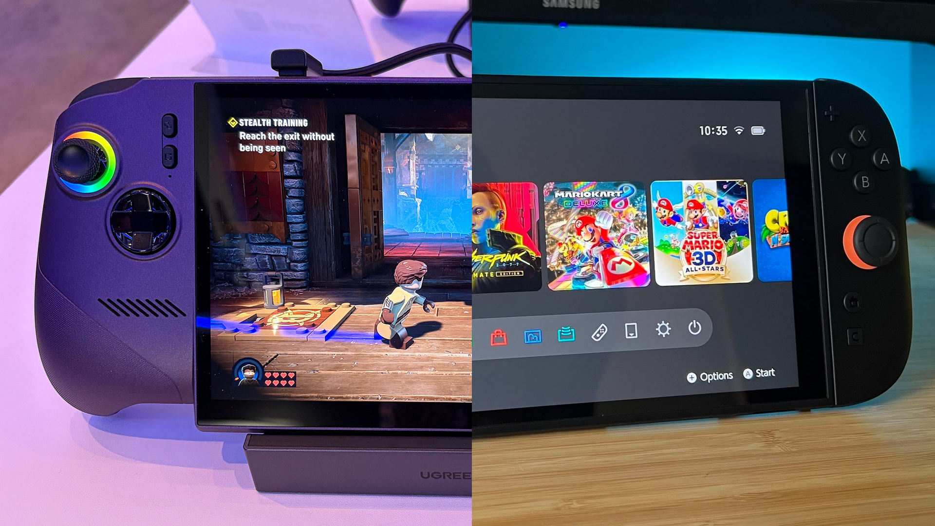 A split-image showing an MSI Claw 8 EX AI+ handheld gaming console displaying a game character and a Nintendo Switch home screen with various game icons.