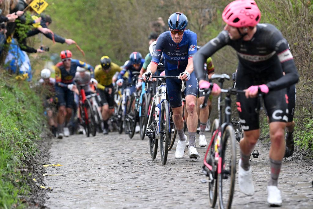 OUDENAARDE BELGIUM MARCH 31 Stefan Kung of Switzerland and Team Groupama FDJ competes passing through the Taaienberg cobblestones sector during the 108th Ronde van Vlaanderen Tour des Flandres 2024 Mens Elite a 2708km one day race from Antwerpen to Oudenaarde UCIWT on March 31 2024 in Oudenaarde Belgium Photo by Dario BelingheriGetty Images