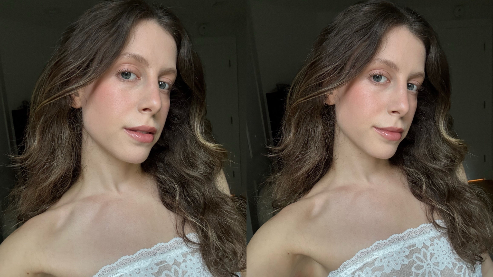Jamie Schneider taking a selfie wearing a white dress