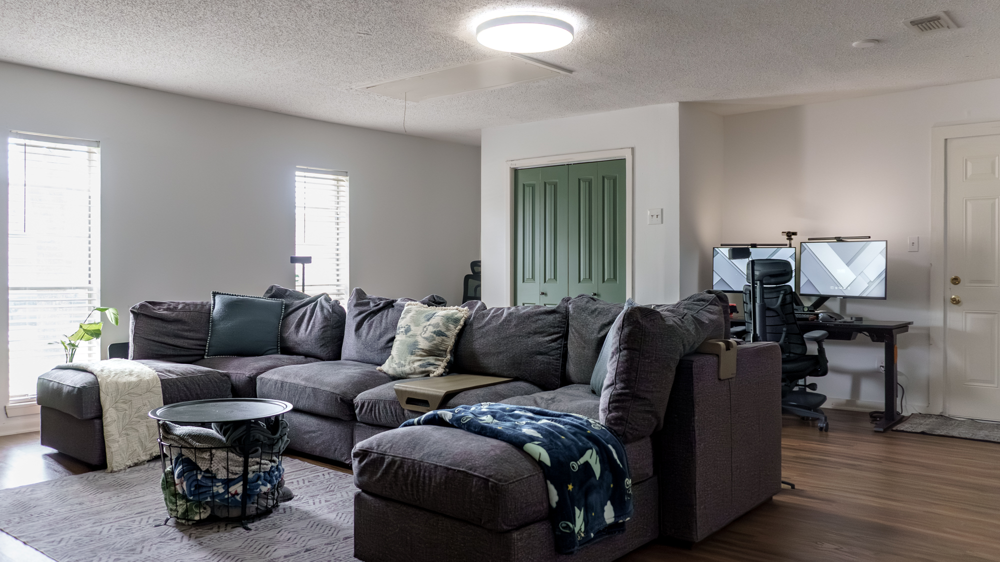 A wide shot of the Govee Ceiling Light Ultra installed on the ceiling in a living room