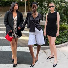 collage of three fashion influencers wearing summer outfits with black slingback shoes