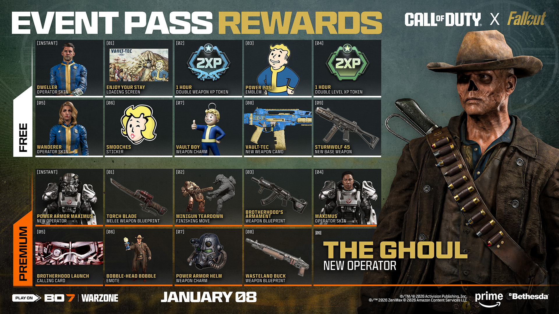 Call of Duty x Fallout event pass rewards.