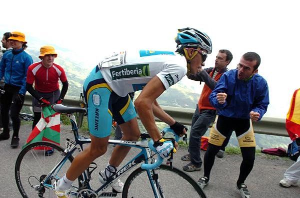Alberto Contador (Astana) makes his way up the Alto de l'Angliru.
