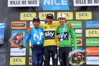 The final 2019 podium: Nairo Quintana, Egan Bernal, Michał Kwiatkowski (L-R)